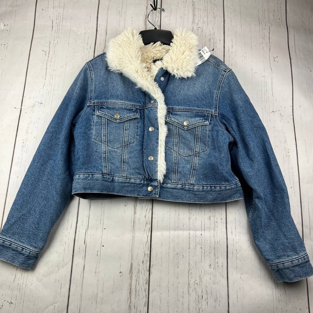 Mavi Small Cropped Fit Stretchable Fur Denim Jeans Jacket Blue Women New